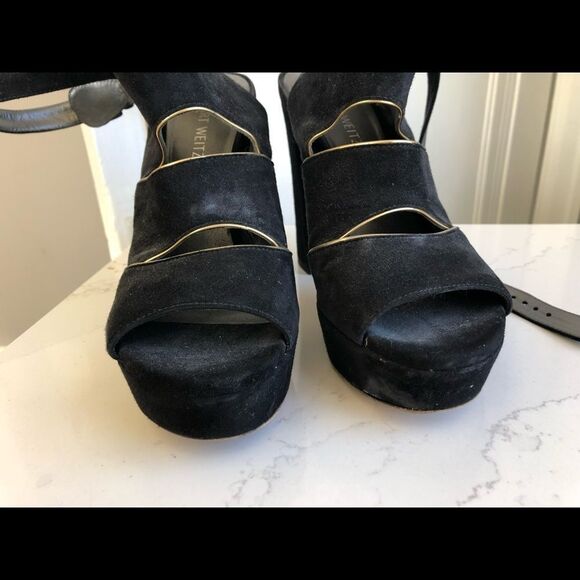 Stuart Weitzman  Black Suede Peep Toe Platform Heel Sandals with chunky heel Sz7 - Picture 3 of 7